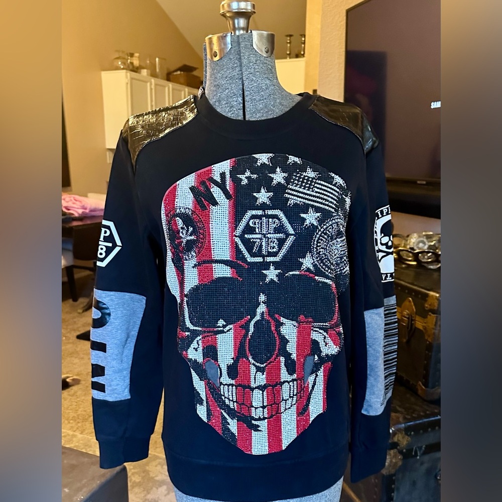 Philipp Plein Black and Red Skull Crewneck Sweater